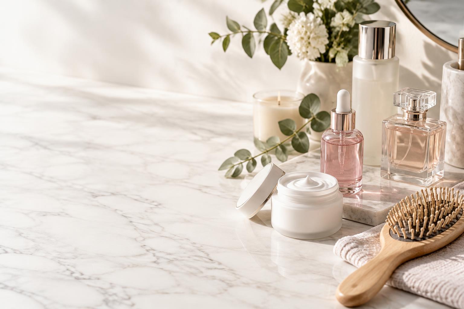 Skincare bottles, a cream jar and a wooden hairbrush on a beauty vanity