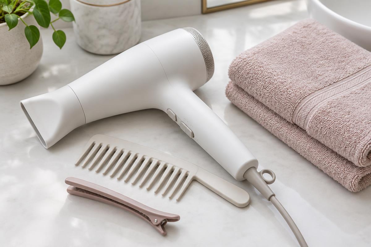 Unbranded hair dryer, wide-tooth comb and sectioning clip beside a folded towel