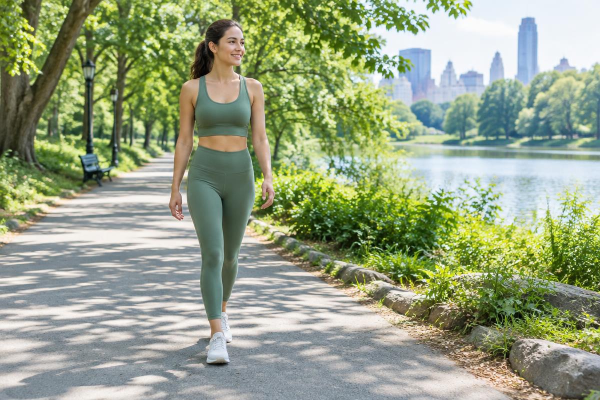 Woman in sage activewear walking along a sunny park path